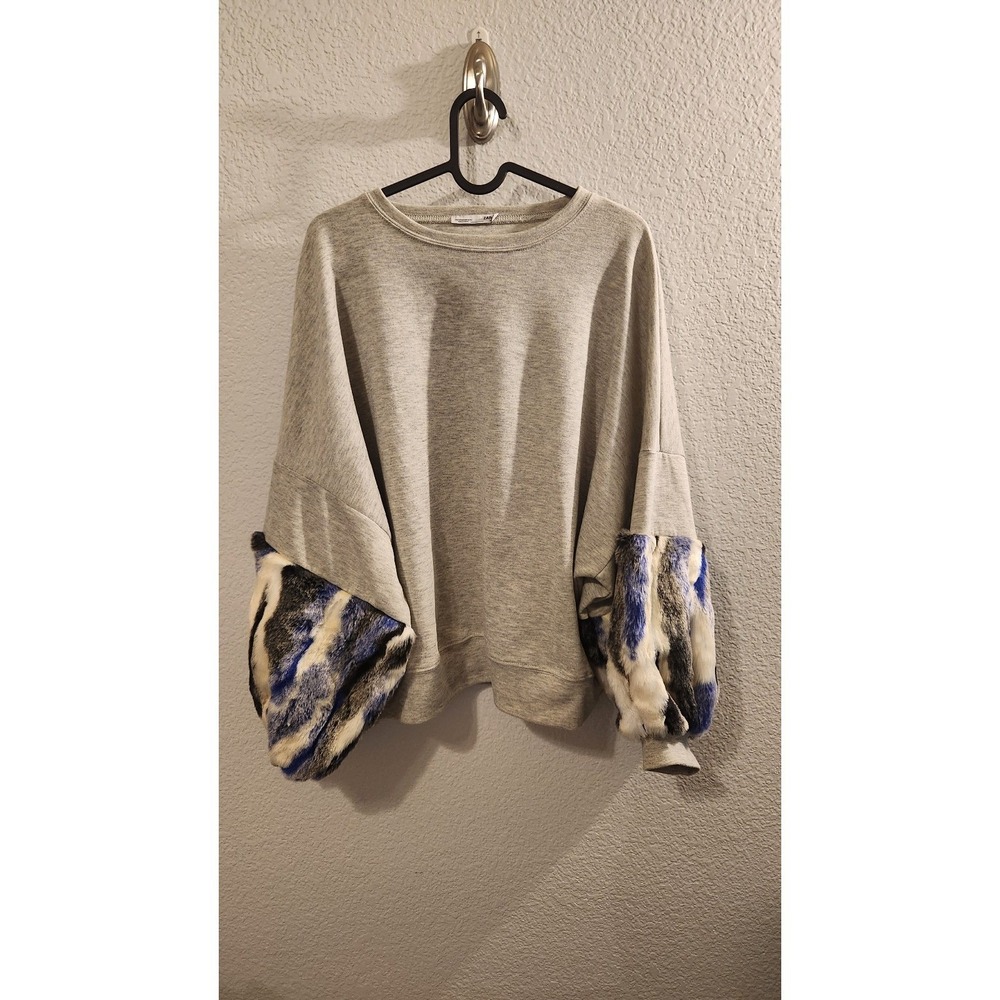 ZARA Small Lagenlook Art-to-Wear Faux-Fur Puff Sleeve‎ Sweatshirt Grey